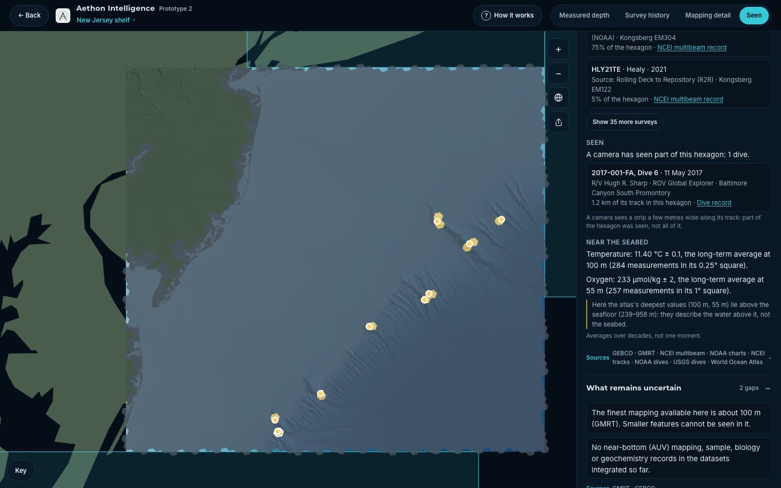 Prototype 2: the shelf and slope off New Jersey on the Seen layer, with the few places a camera has looked marked in yellow along the canyons, and a Knowledge Profile showing a 2017 USGS dive in Baltimore Canyon.